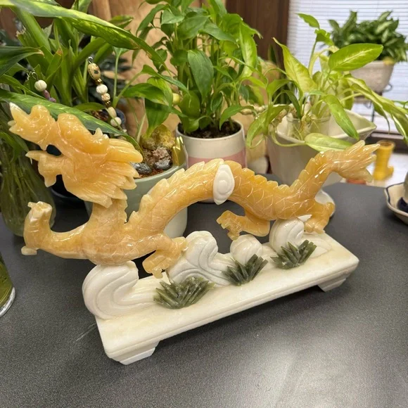 Yellow Jade Carved Stone Serpent Dragon Statue - Picture 3 of 13